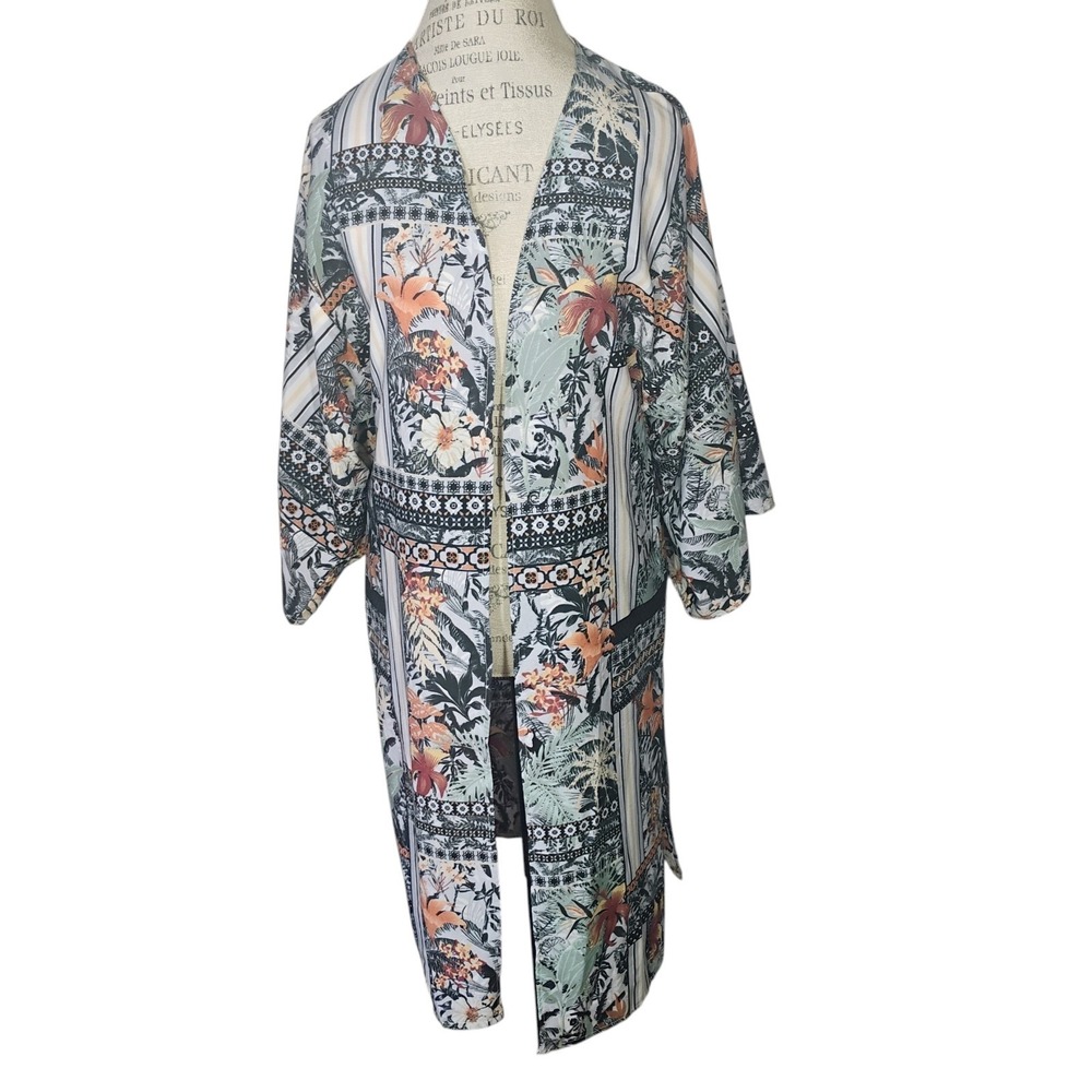 Vince Camuto Kimono Topper Cover Up Duster OS Tropical Floral Vacay Beach Pool